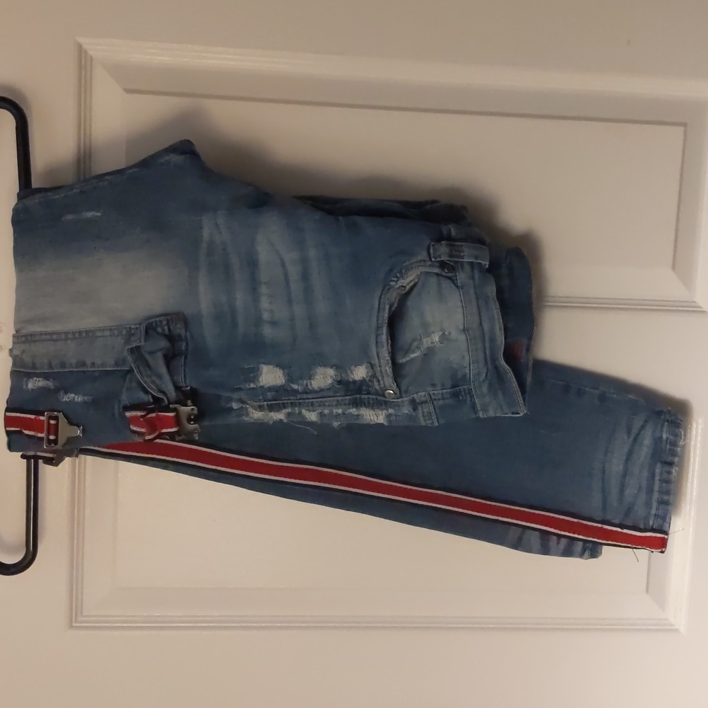 30" Waist Industrial Indigo Men's Skinny Distressed Denim Blue Jeans